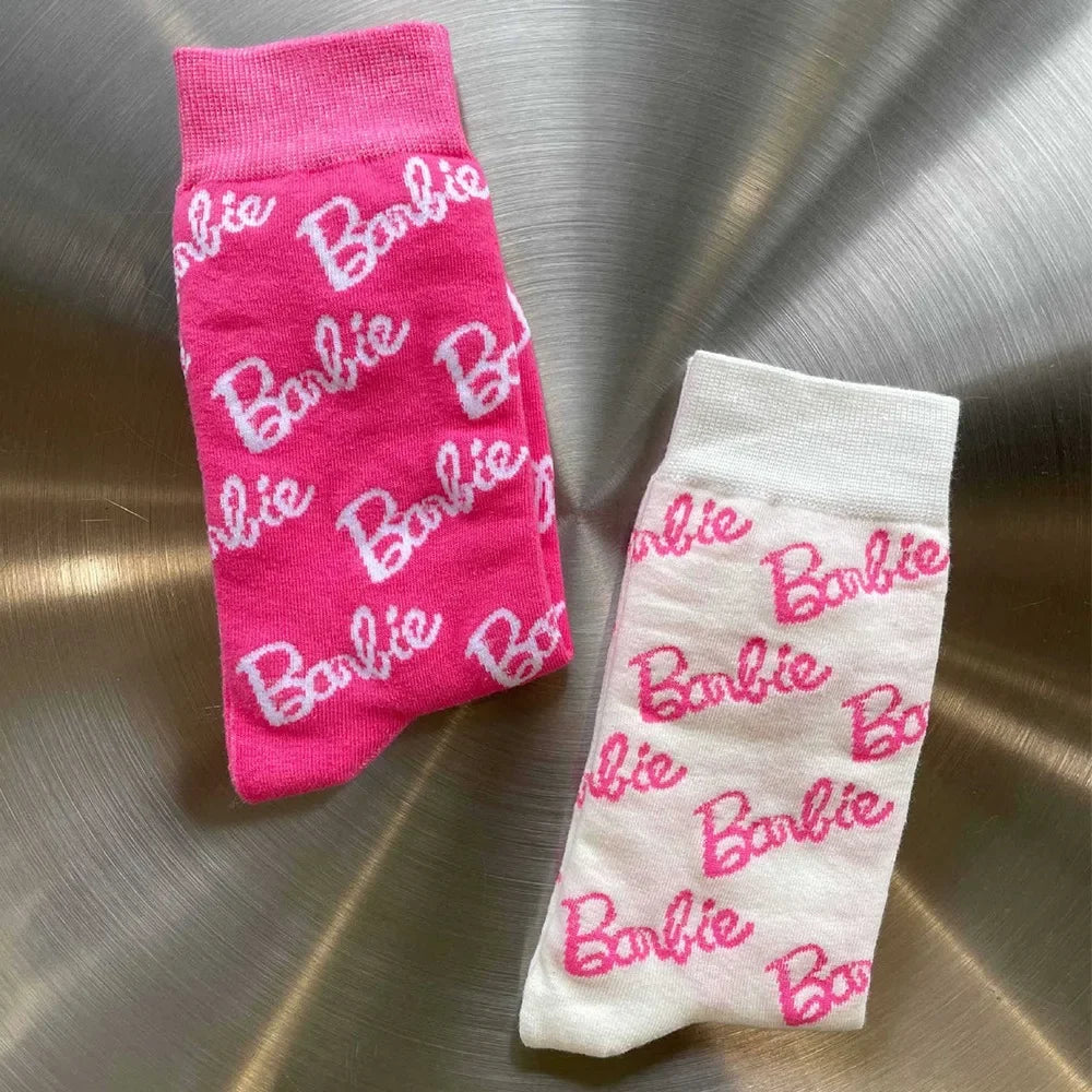 Barbie Crew Socks Girl Kawaii Pink Cartoon Alphabet Printing Movement Warm Sockss Womens Clothing Friend Gift Accessory