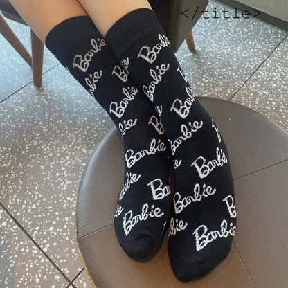 Barbie Crew Socks Girl Kawaii Pink Cartoon Alphabet Printing Movement Warm Sockss Womens Clothing Friend Gift Accessory