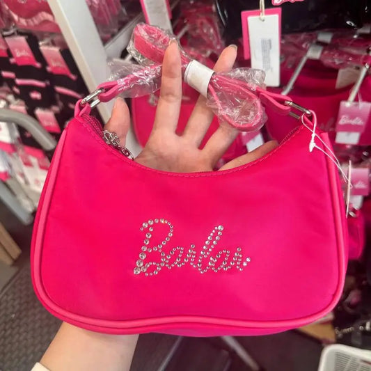 Miniso Barbie Nylon Fashion Underarm Phone Bag Pink single shoulder bag Girl zipper Carrying Bag  A gift for good friends