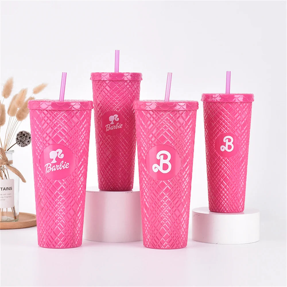 Kawaii Barbie Pink Girls Diamond Cup Set Cute Checkered Straw Direct Drinking Cup Single Layer Women Durian Cup Birthday Gifts